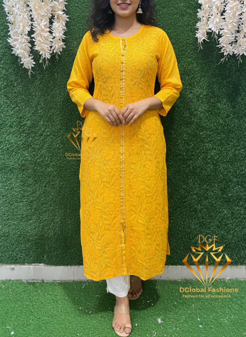 Lucknowi Chikankari Chanderi Long Kurti with Full Embroidery