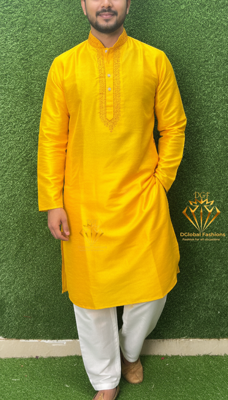 Men’s Silk Kurta Set with Embroidered Collar & Placket