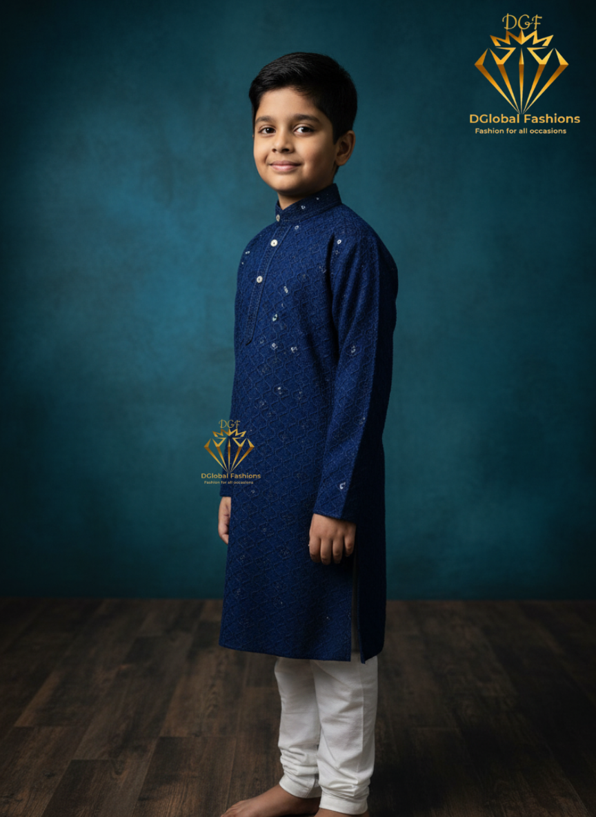 Boy’s Chikankari Kurta Set with Sequin Work – Elegant Festive & Party Wear