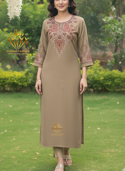 Woollen Kashmiri Pheran with Kashmiri Work on Neck and Sleeves