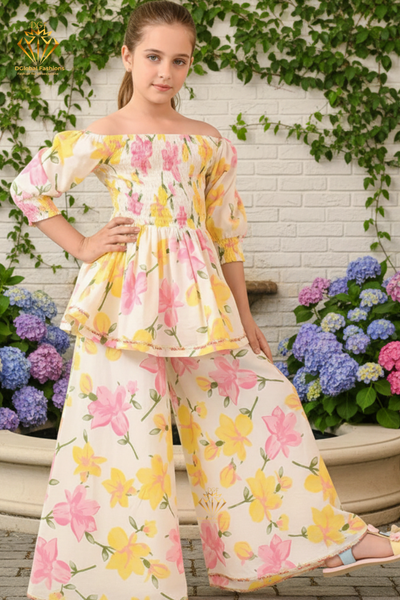 Girls’ Pure Cotton Floral Kurta with Palazzo Set — Comfortable Daily & Festive Wear