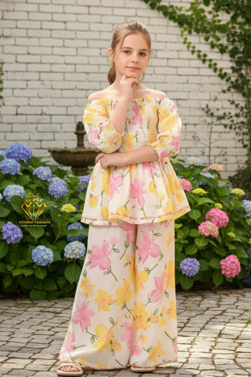 Girls’ Pure Cotton Floral Kurta with Palazzo Set — Comfortable Daily & Festive Wear