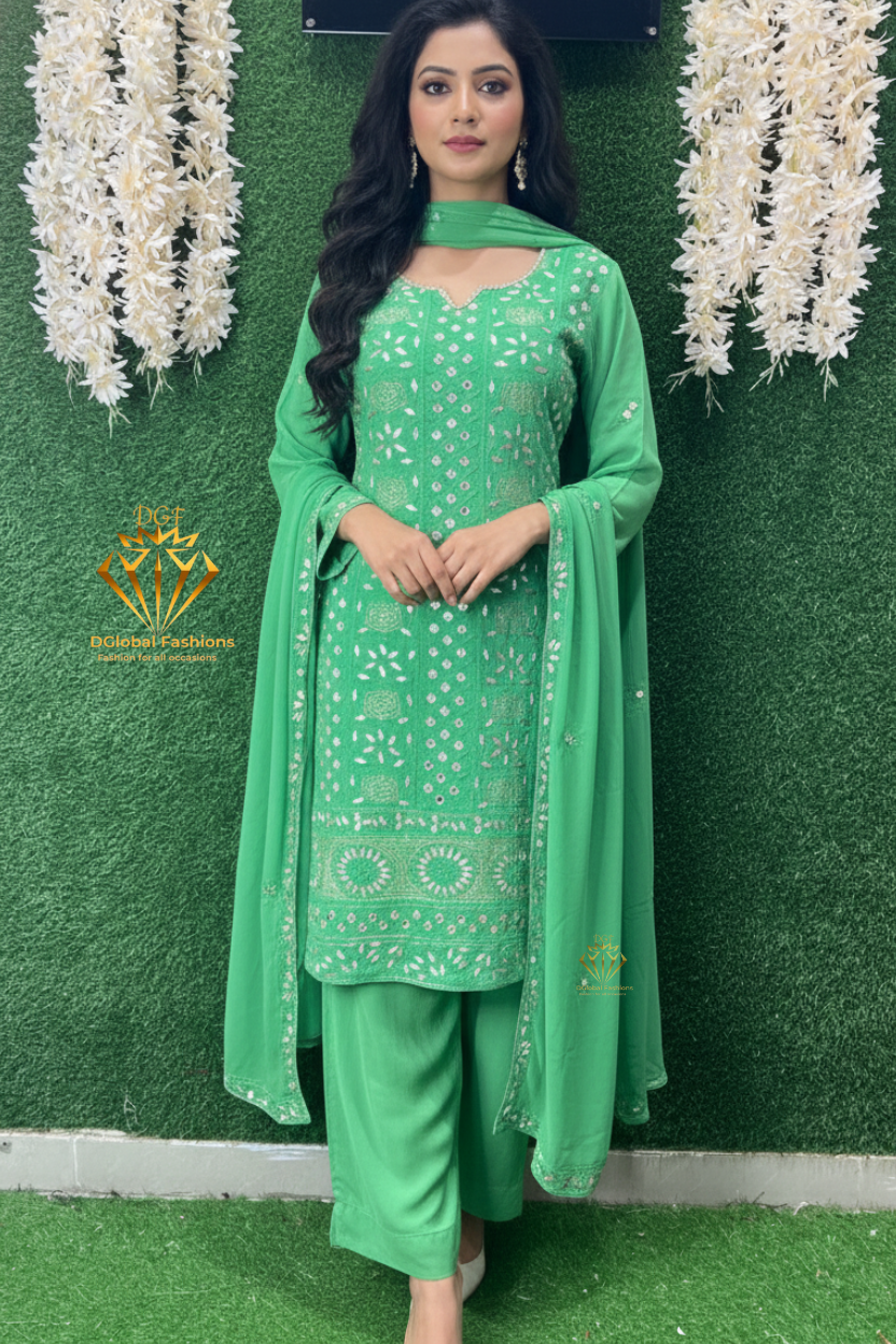 Green Lucknowi Chikankari Suit Set with Real Mirror & Gota Work
