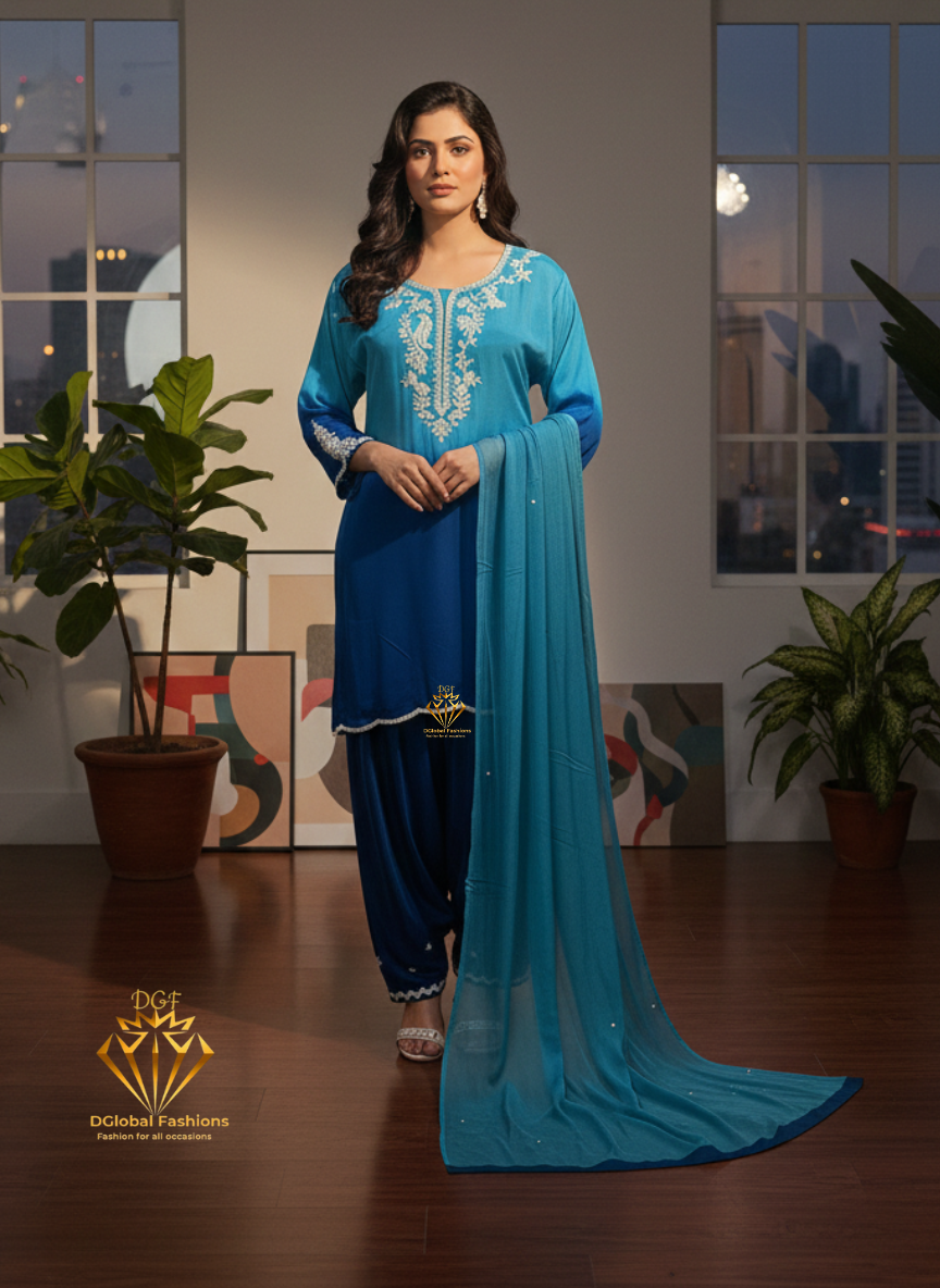 Ombre Embroidered Crepe Farshi Suit Set with Cutdana & Pearl Handwork