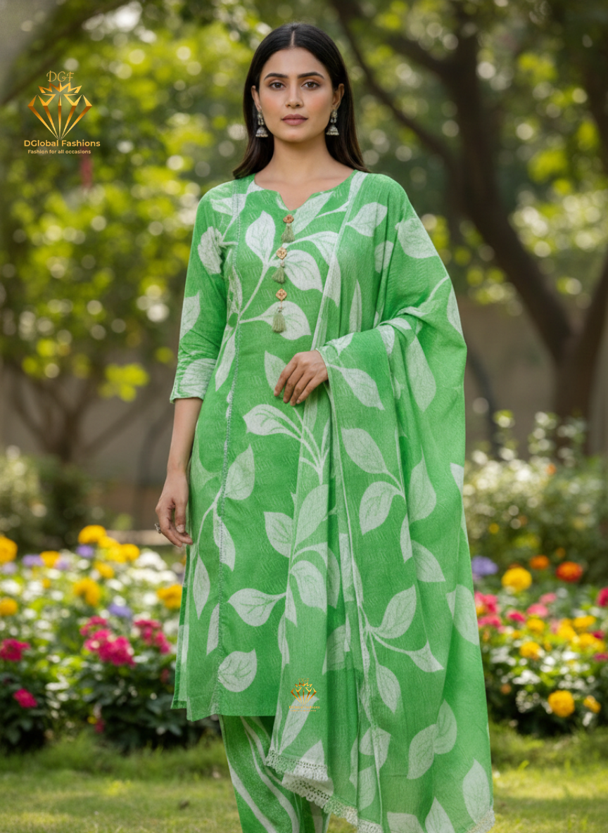 Cotton Dobby Hand Printed Kurta Pants and Dupatta