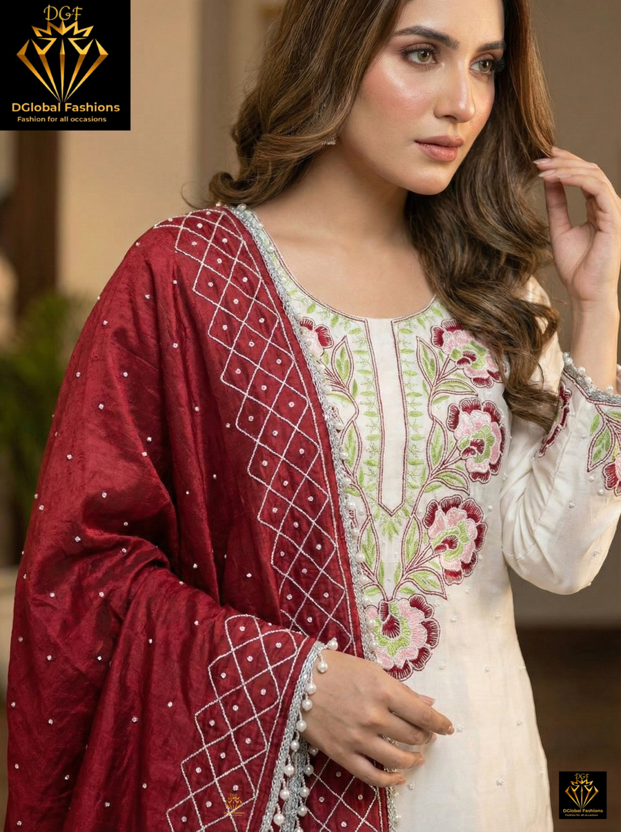 Crepe Lucknowi Chikankari Suit with Resham Work & Pearl Chiffon Dupatta