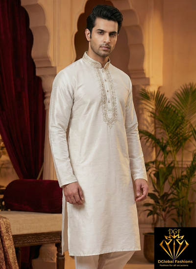 Men’s Silk Kurta with Embroidered Neck & White Pants