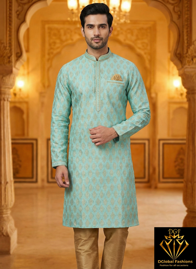 Men’s Silk Jacquard Kurta Pajama Set with Copper Zari Weave & Full Lining