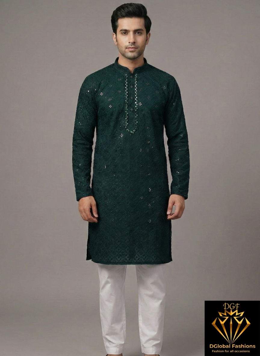 Chikankari Kurta Set with Mirror & Sequin Embellishments