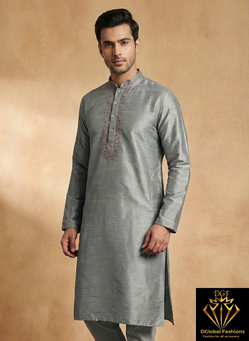 Men’s Silk Kurta with Embroidered Neck & White Pants