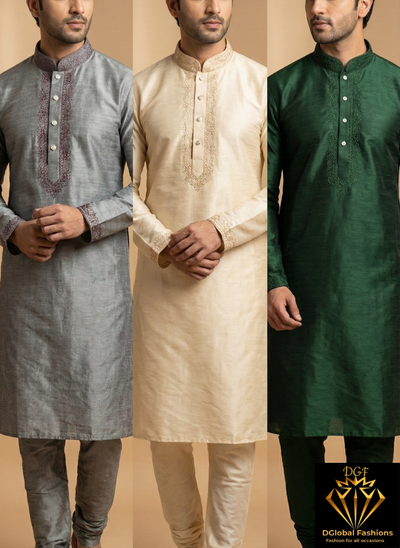 Men’s Silk Kurta with Embroidered Neck & White Pants