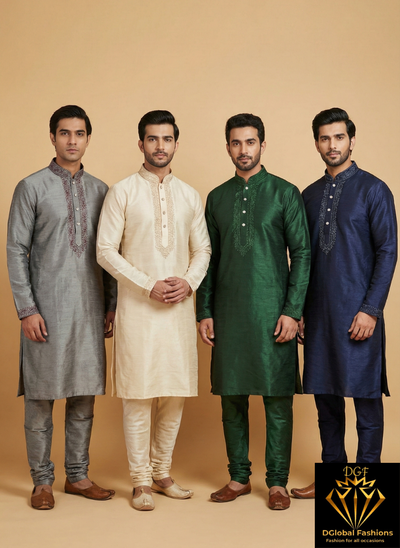 Men’s Silk Kurta with Embroidered Neck & White Pants