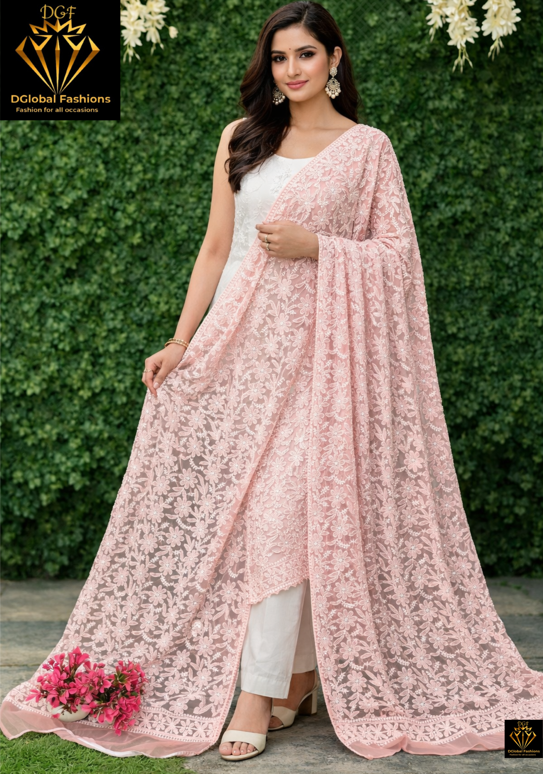 Lucknowi Chikankari Full Jaal Hand Embroidered Georgette Dupatta