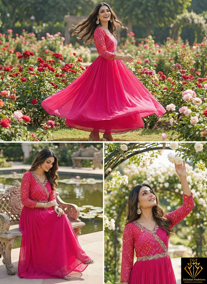 Pink Chiffon Embroidered Bandhej Gown – Festive Wear Readymade
