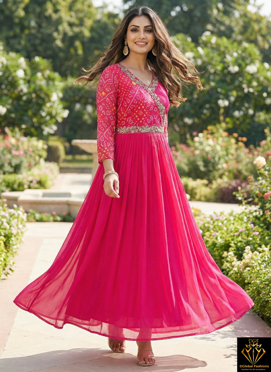 Pink Chiffon Embroidered Bandhej Gown – Festive Wear Readymade