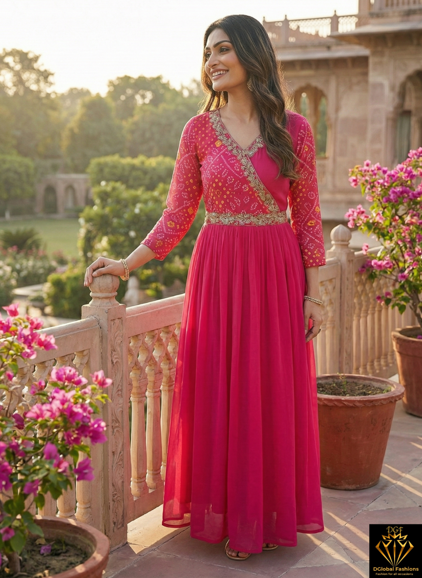 Pink Chiffon Embroidered Bandhej Gown – Festive Wear Readymade