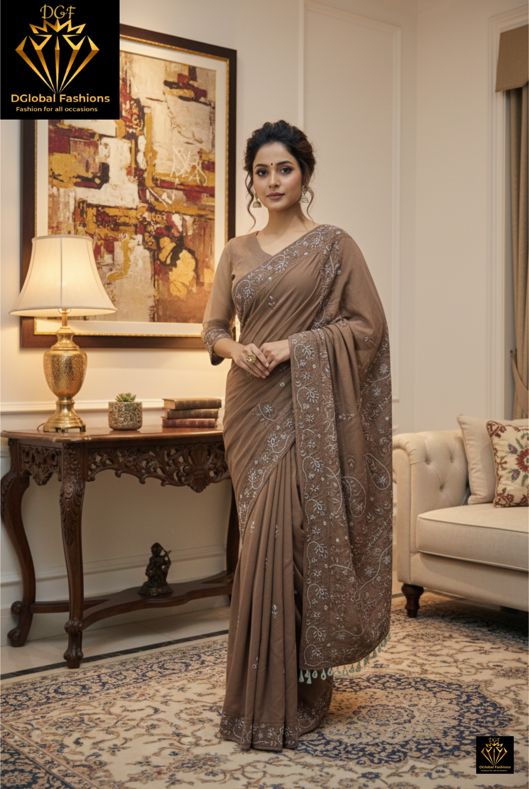Lucknowi Chikankari Ready-to-Wear Saree with Pearl & Cutdana Handwork