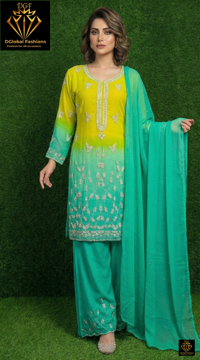 Ombré Crepe Kurta Sharara Suit Set with Sequin & Cutdana Hand Embroidery