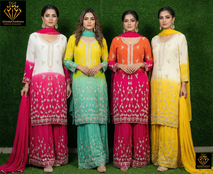 Ombré Crepe Kurta Sharara Suit Set with Sequin & Cutdana Hand Embroidery