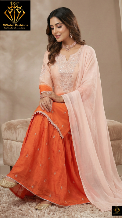 Ombré Chinon Kurta & Sharara Suit Set with Hand-Embroidered Sequin, Pearl & Cutdana Work and Chiffon Dupatta