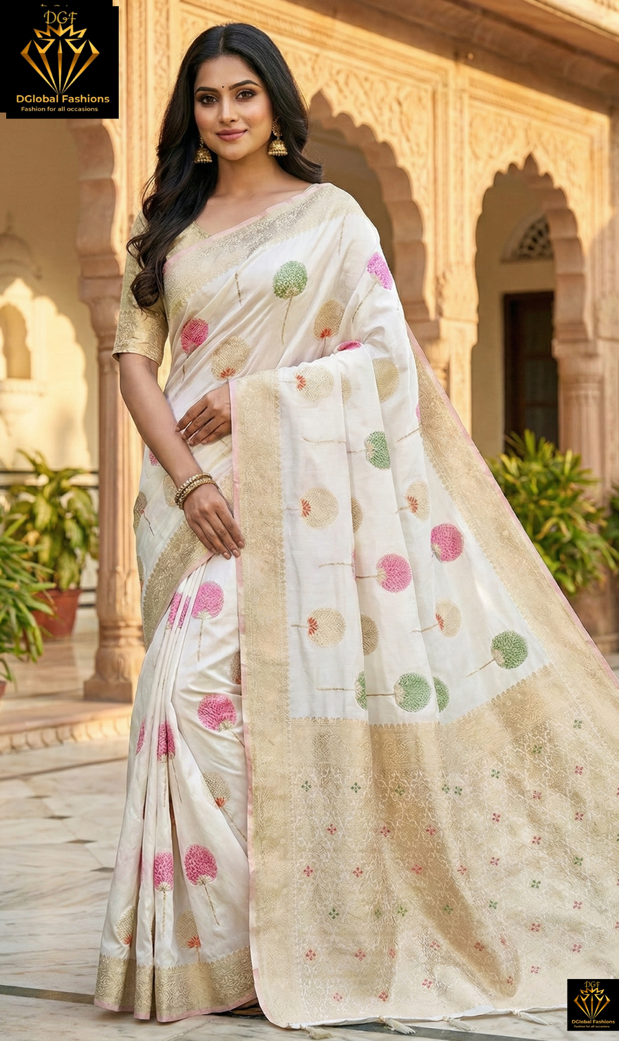 White Banarasi Saree with Golden Zari Border & Multicolor Floral Weaving