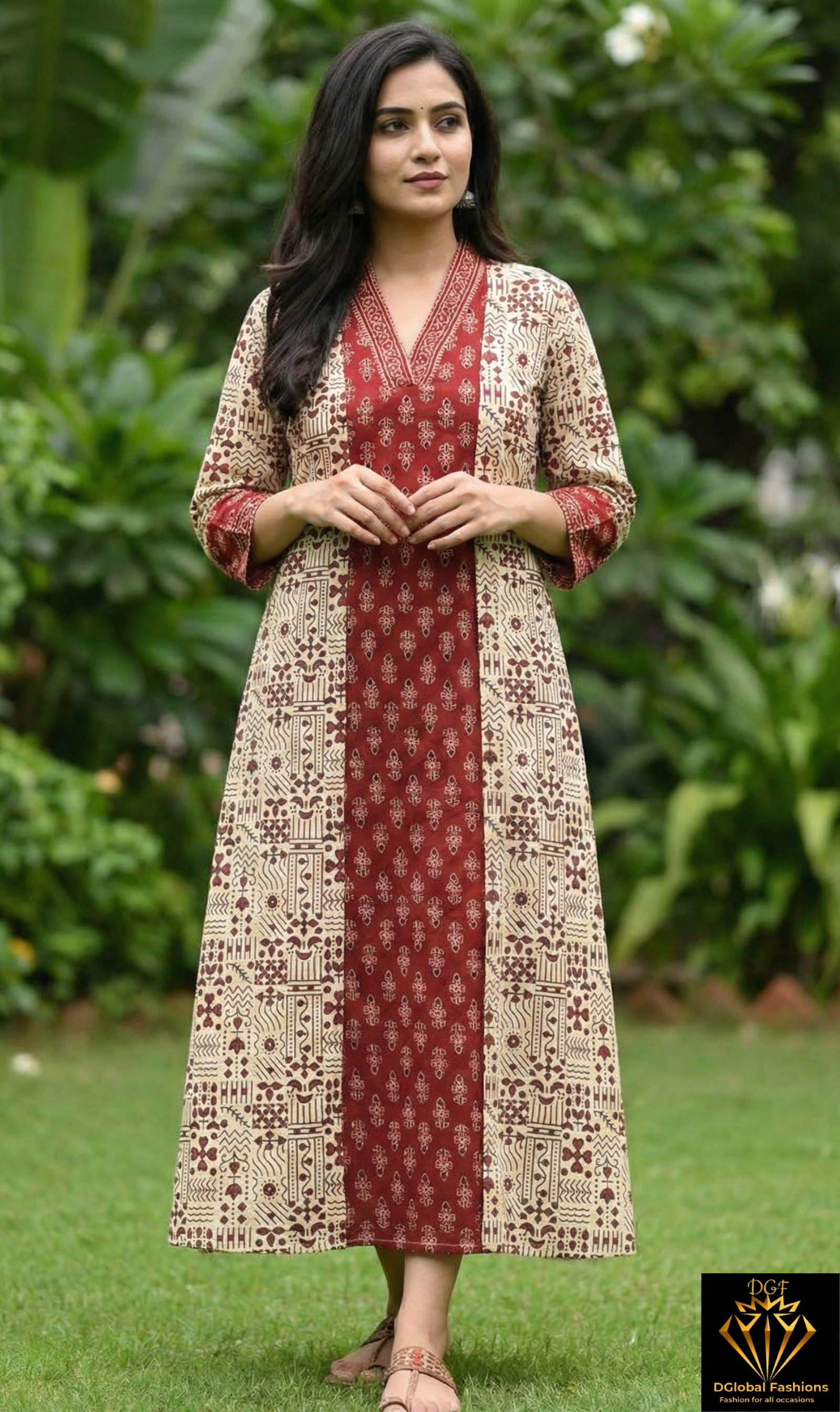 Ajrakh Handblock Printed Cotton A-Line Kurti with Side Pocket