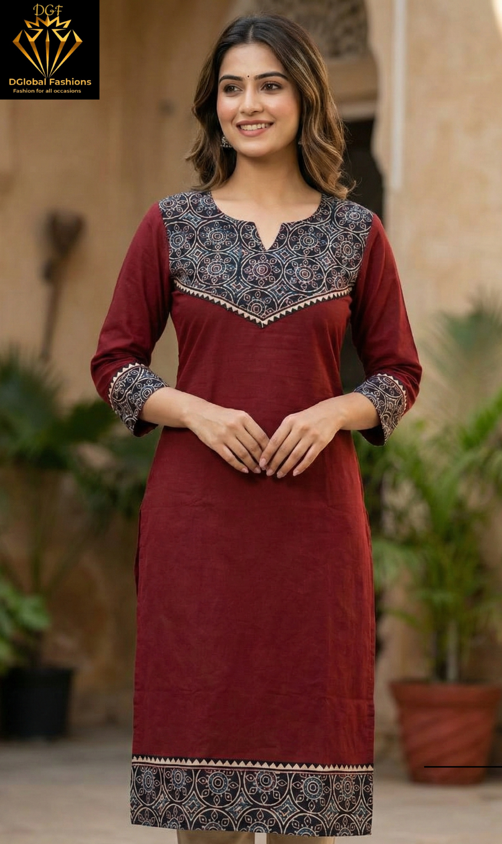 Cotton V-Neck Ajrak Patch Kurta