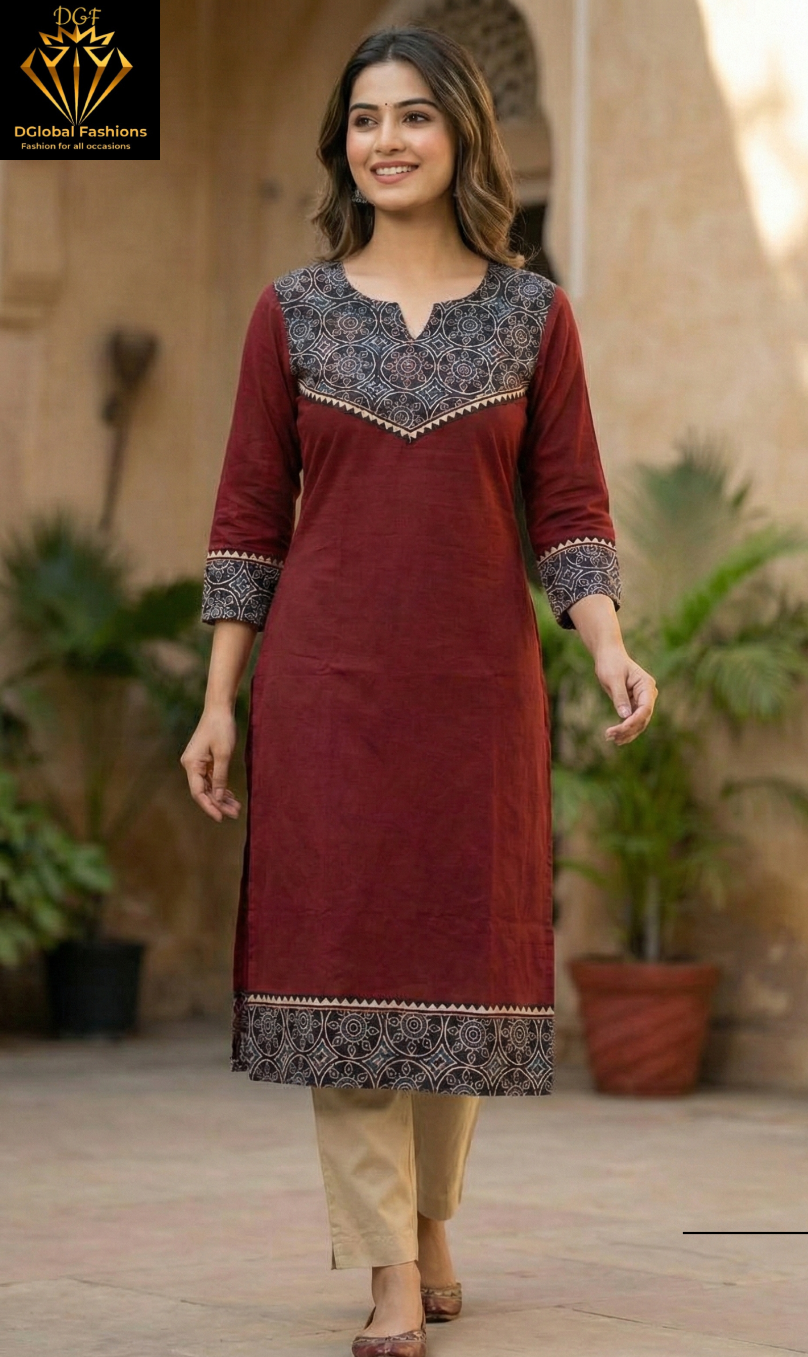 Cotton V-Neck Ajrak Patch Kurta
