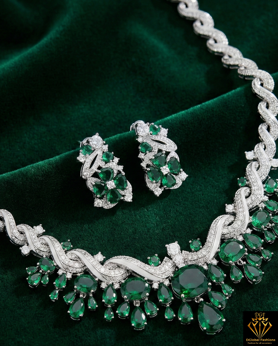 Emerald & Diamond Necklace and Earrings Set