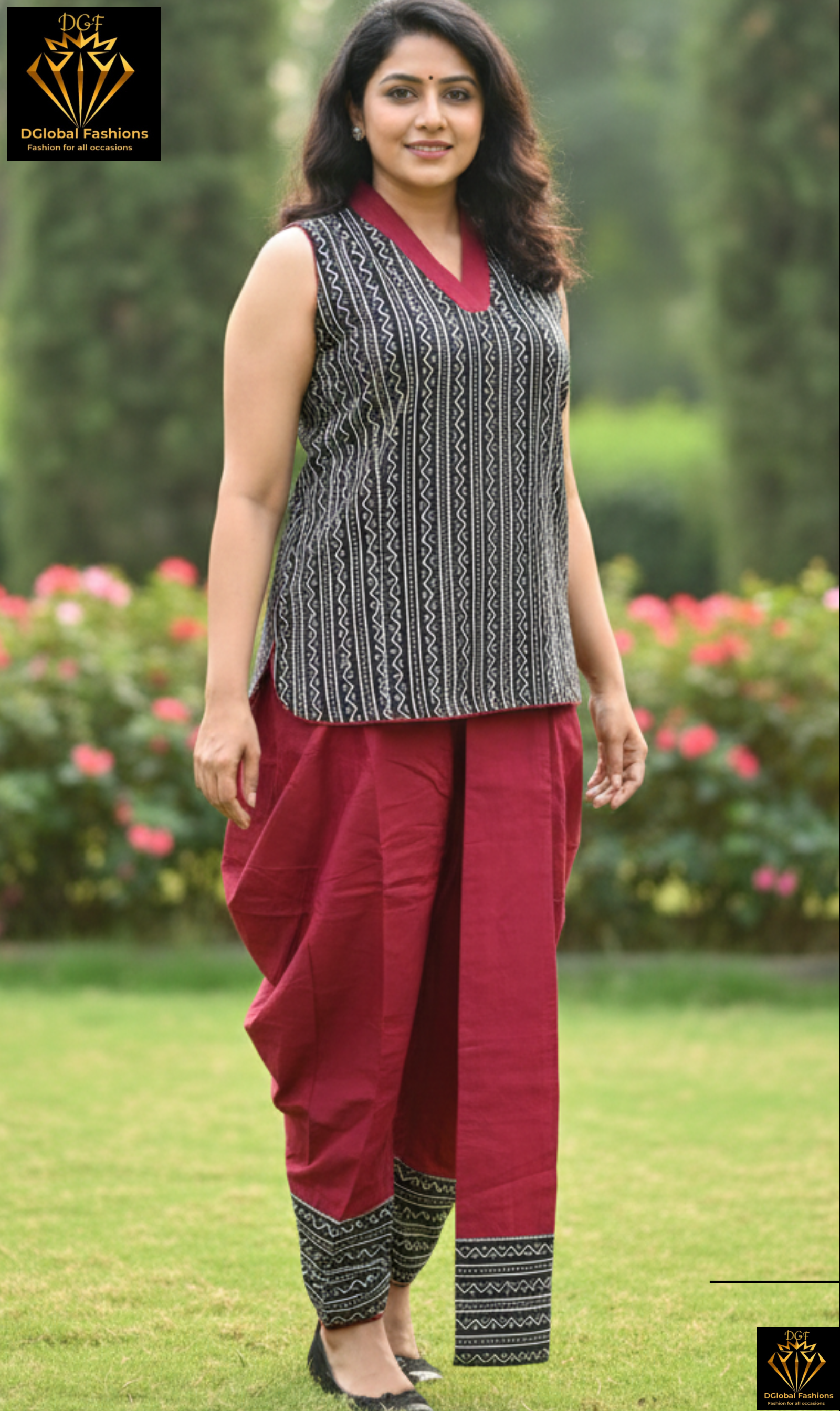 Women's Maroon Dhoti With Handblock Ajrakh  Top