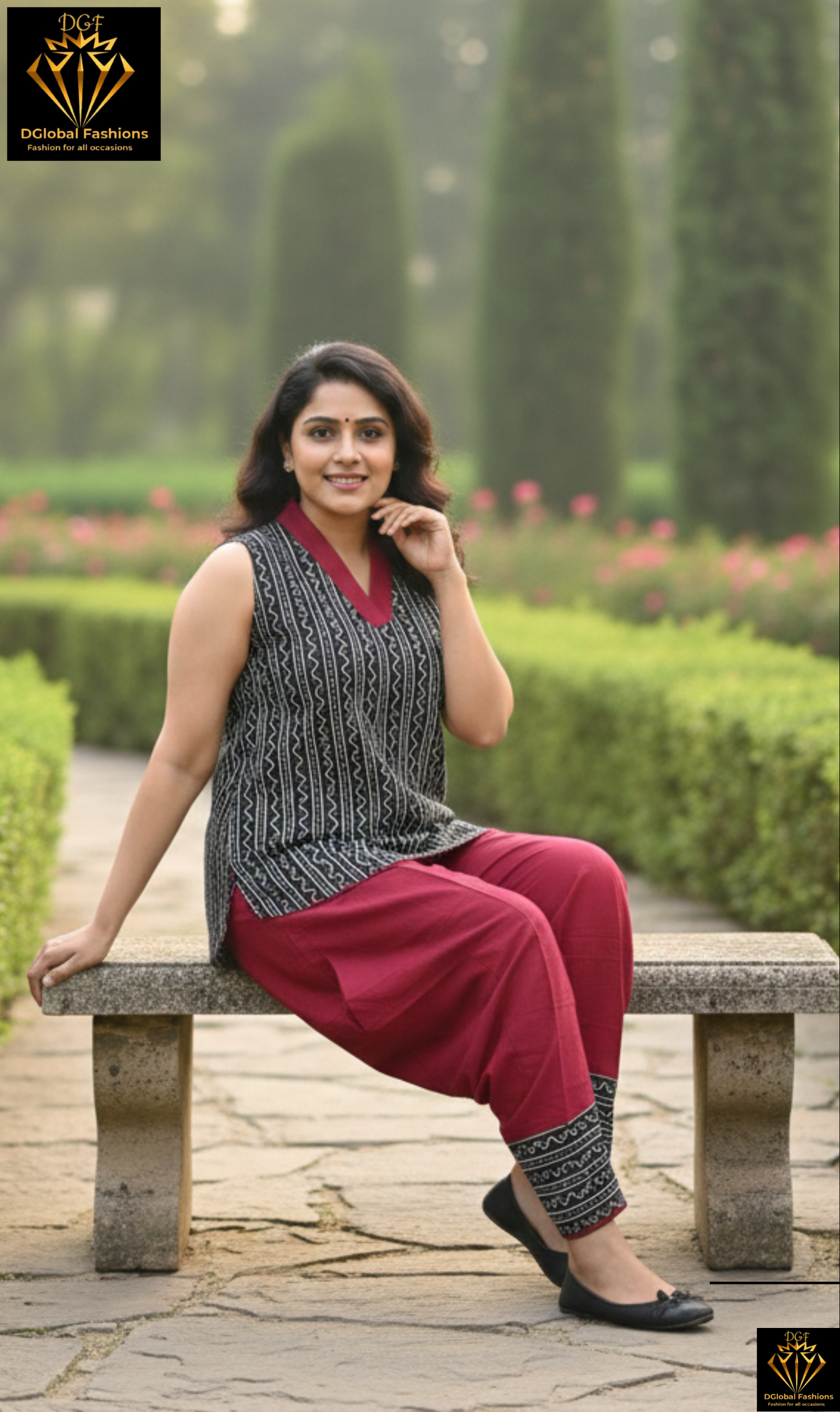 Women's Maroon Dhoti With Handblock Ajrakh  Top