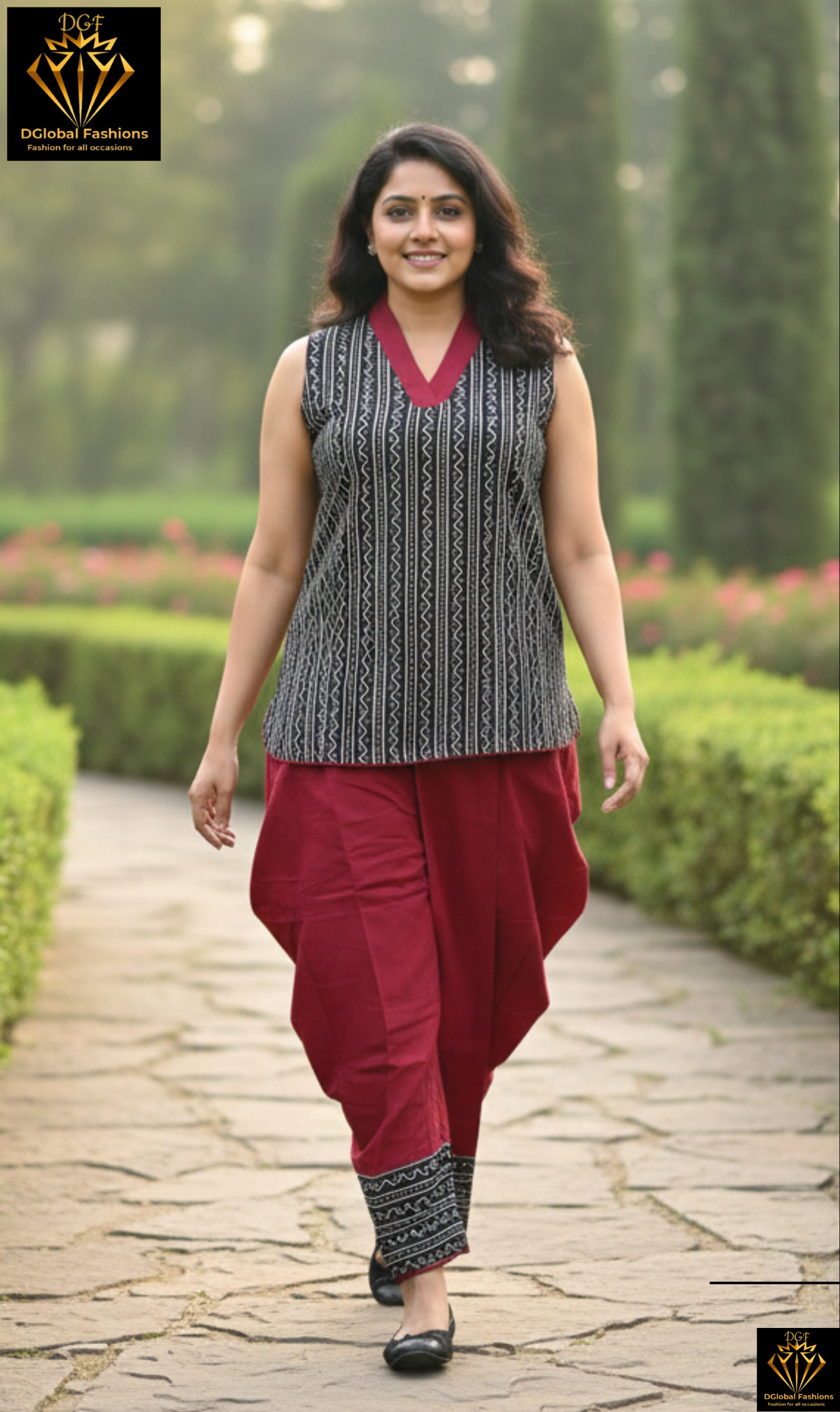 Women's Maroon Dhoti With Handblock Ajrakh  Top
