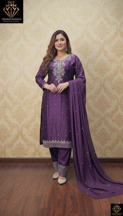 Designer Crepe Kurta Palazzo Suit Featuring Pearl, Cutdana & Sequin Embroidery with Chiffon Dupatta