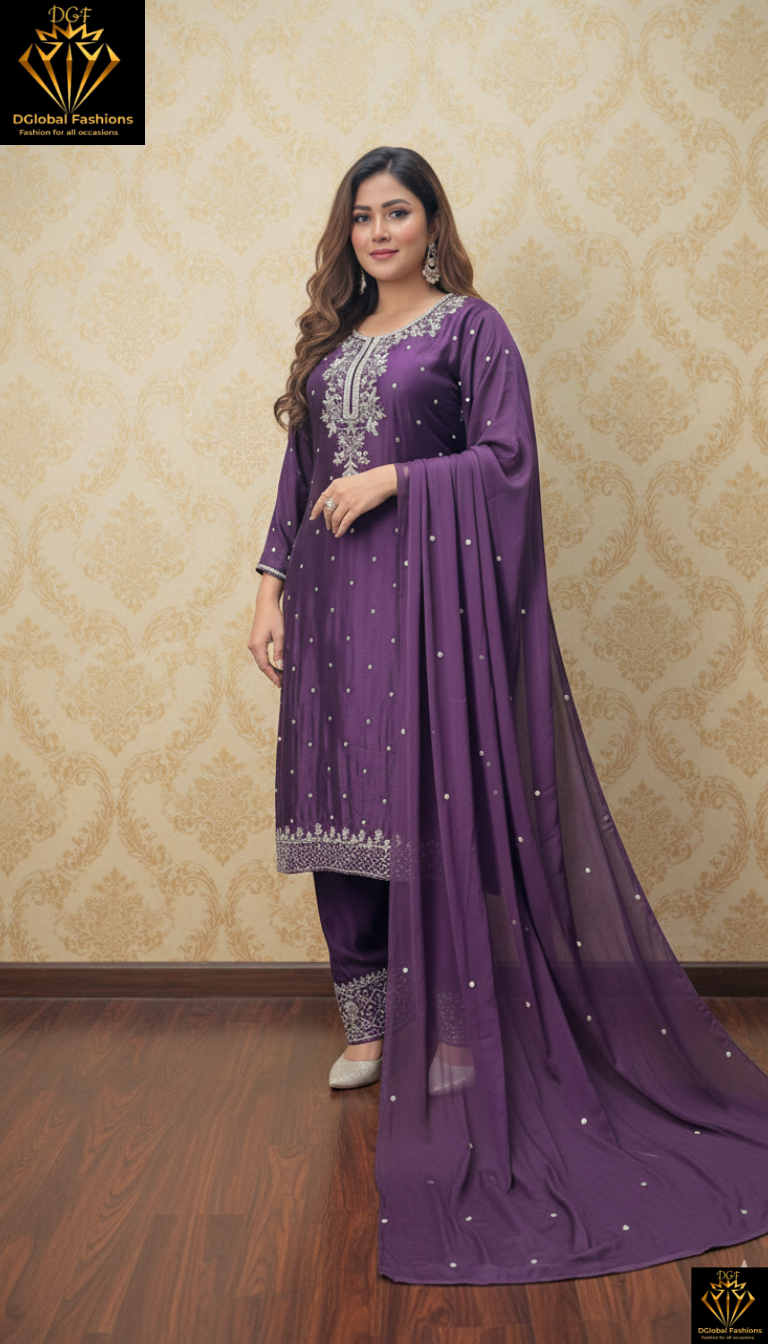 Designer Crepe Kurta Palazzo Suit Featuring Pearl, Cutdana & Sequin Embroidery with Chiffon Dupatta