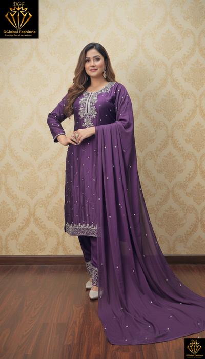 Designer Crepe Kurta Palazzo Suit Featuring Pearl, Cutdana & Sequin Embroidery with Chiffon Dupatta