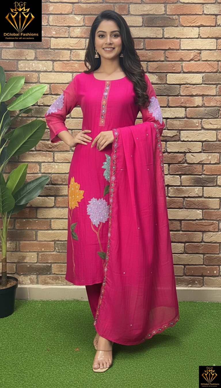 A-Line Mul Chanderi Thread Embroidered Kurta Set with Sequin & Pearl Work Dupatta