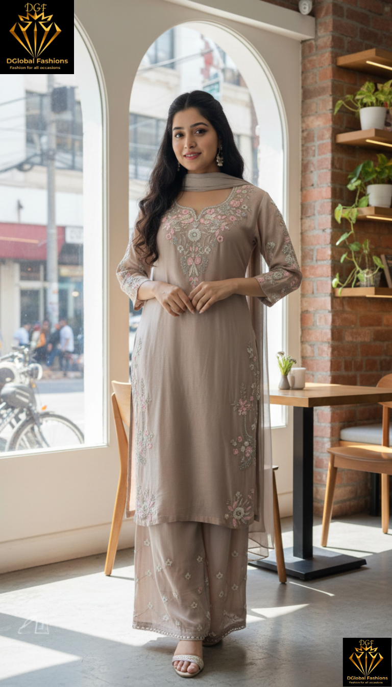Kurta Palazzo Suit Set with Pearl, Cutdana & Sequin Work and Chiffon Dupatta