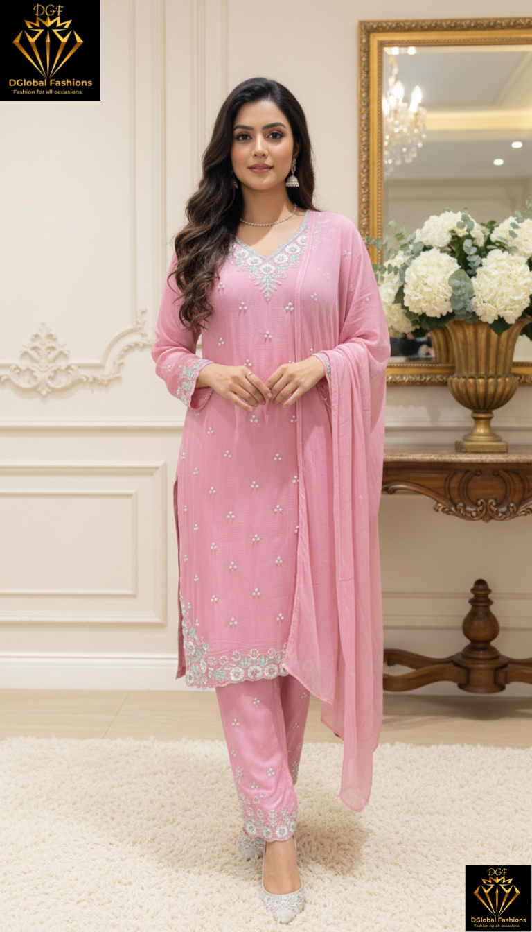Chinnon Kurta Palazzo Suit Set with Pearl, Cutdana & Sequin Hand-Embroidery Work and Chiffon Dupatta