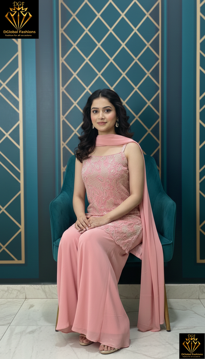 Pink Embroidery Strappy Kurti Palazzo Suit Set with Pearl & Sequin Work