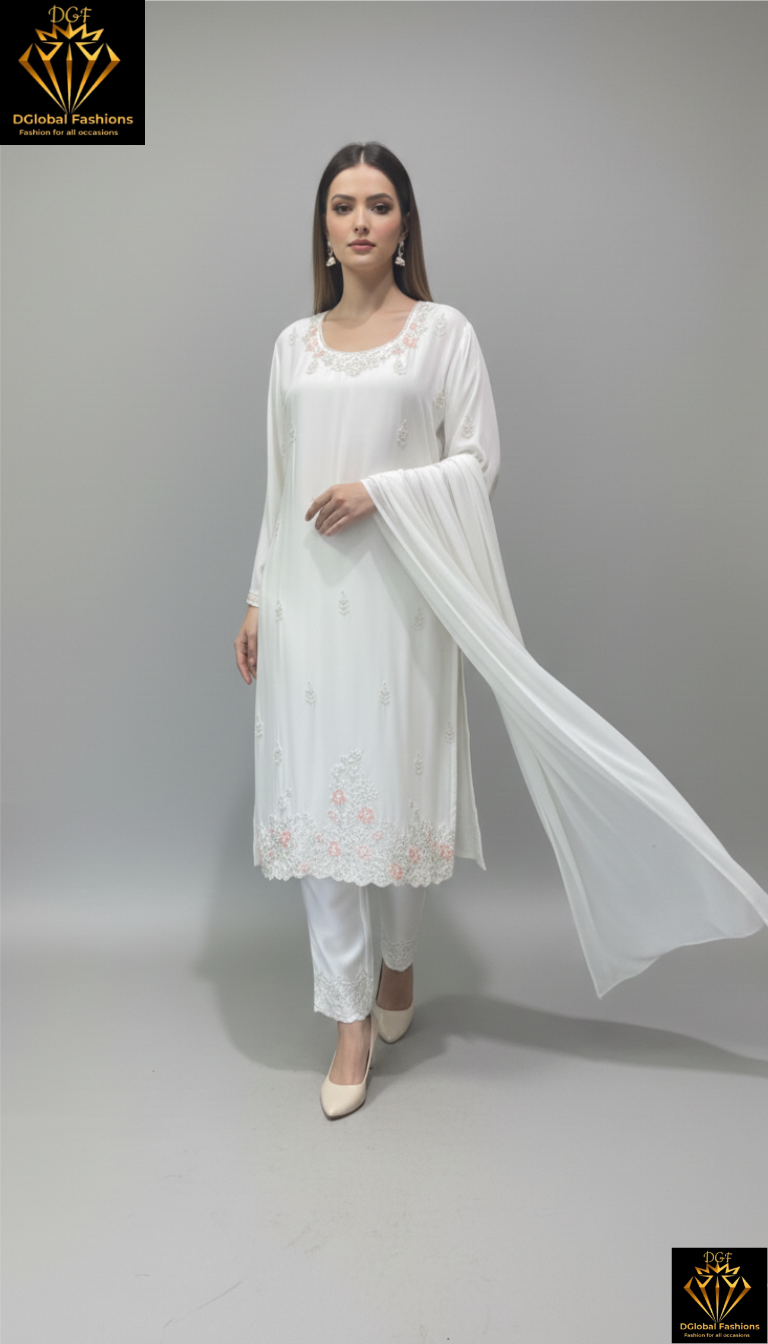 Crepe Suit Set with Cutdana & Pearl Handwork and Chiffon Dupatta