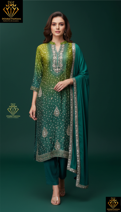 Silk banarasi bandhej print kurta, pants & dupatta set