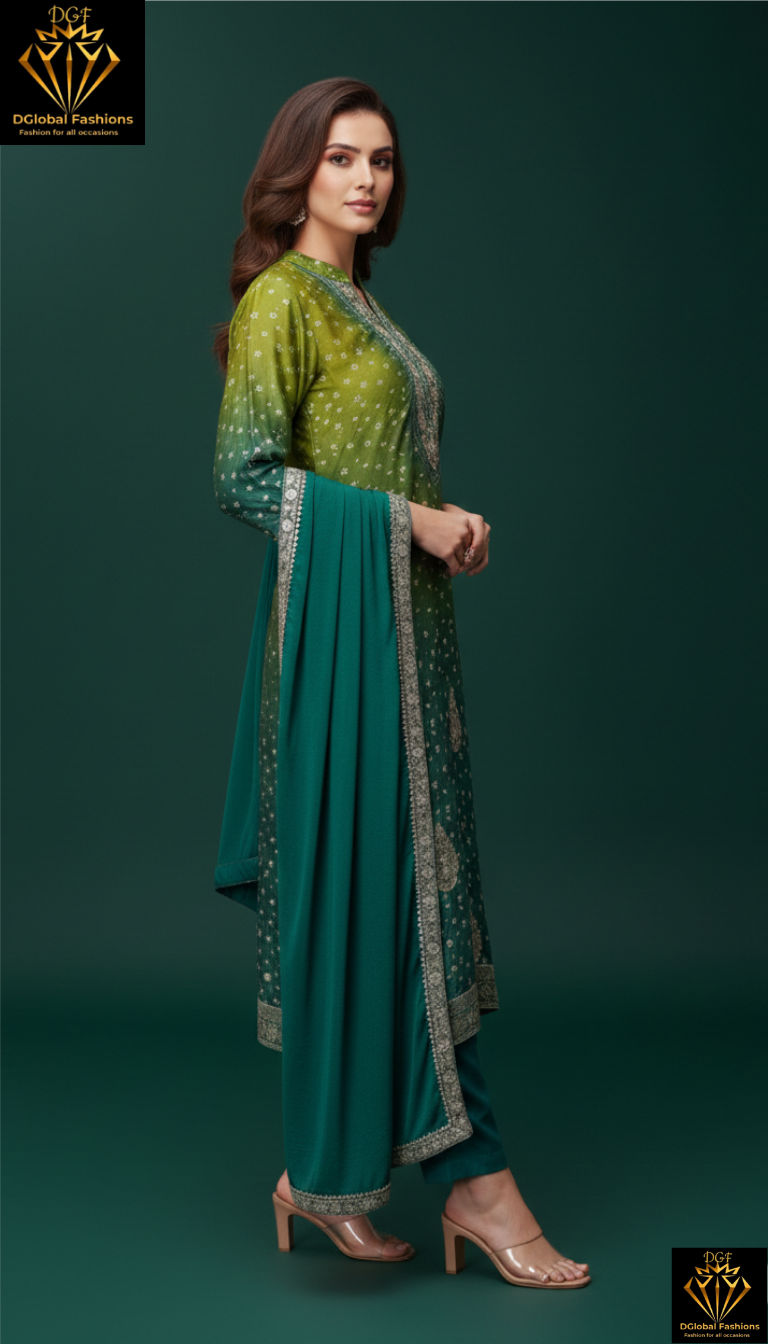 Silk banarasi bandhej print kurta, pants & dupatta set