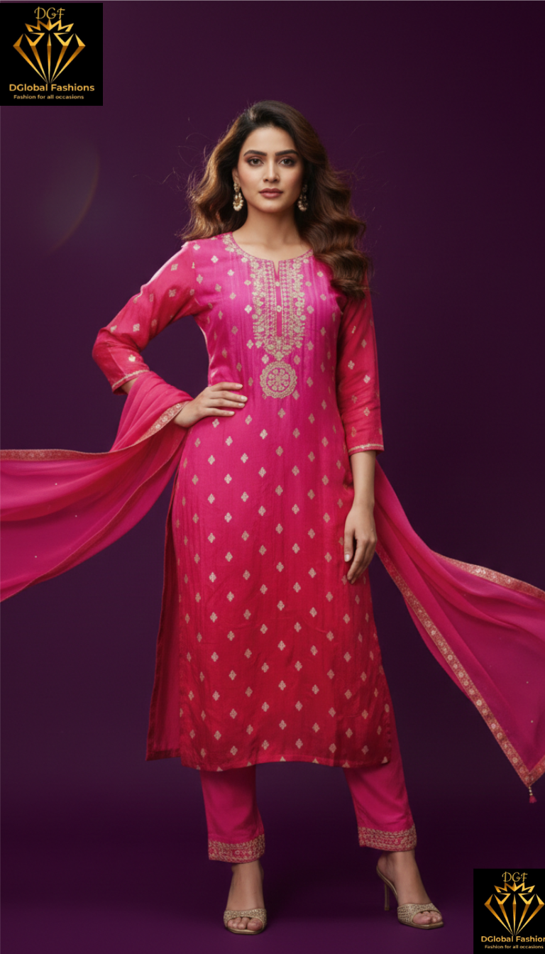 Rani pink banarsi weaved silk kurta pants with chiffon dupatta