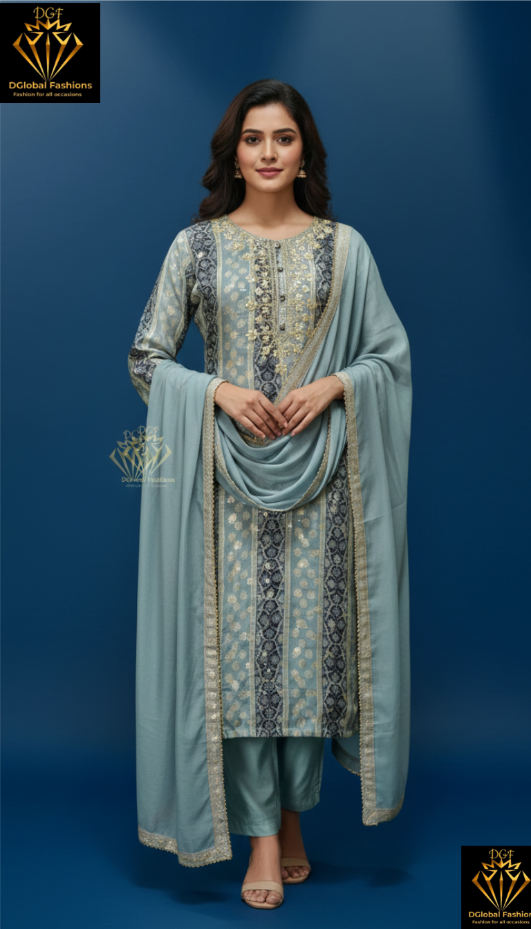Silk hand embroidered kurta pants & dupatta set