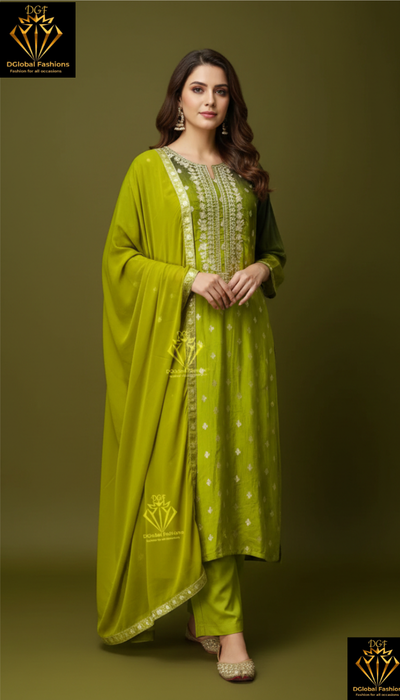 Silk embroidered kurta pants & dupatta set