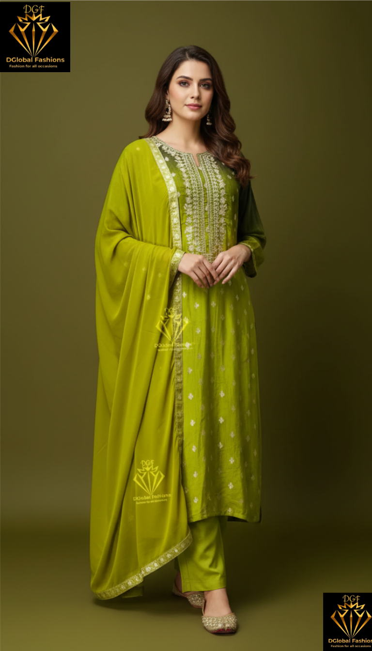 Silk embroidered kurta pants & dupatta set
