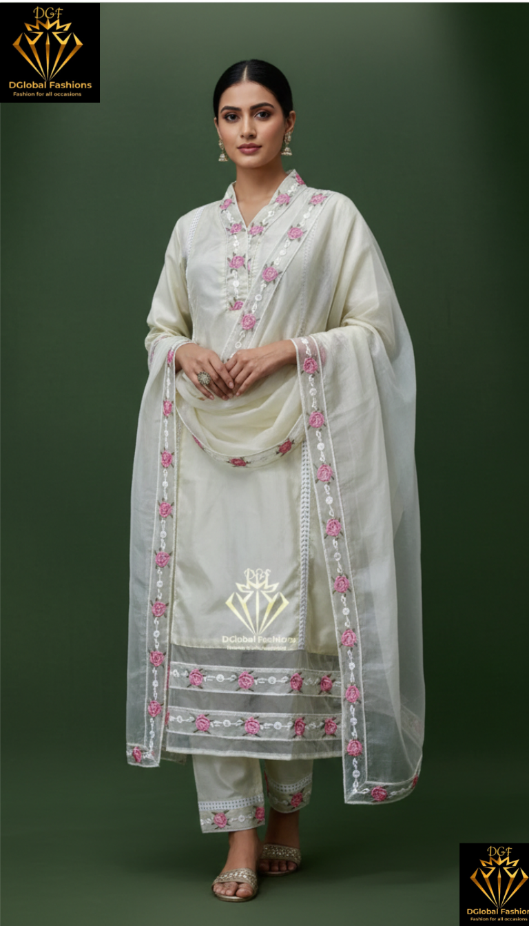 Cotton Silk Kurta pants & Dupatta set with resham embroidered organza patch and lace work