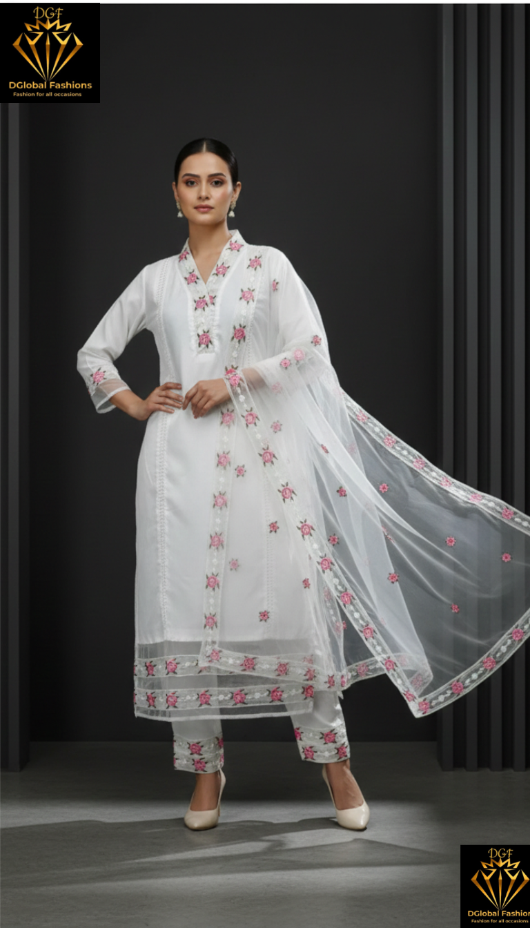 Cotton Silk Kurta pants & Dupatta set with resham embroidered organza patch and lace work
