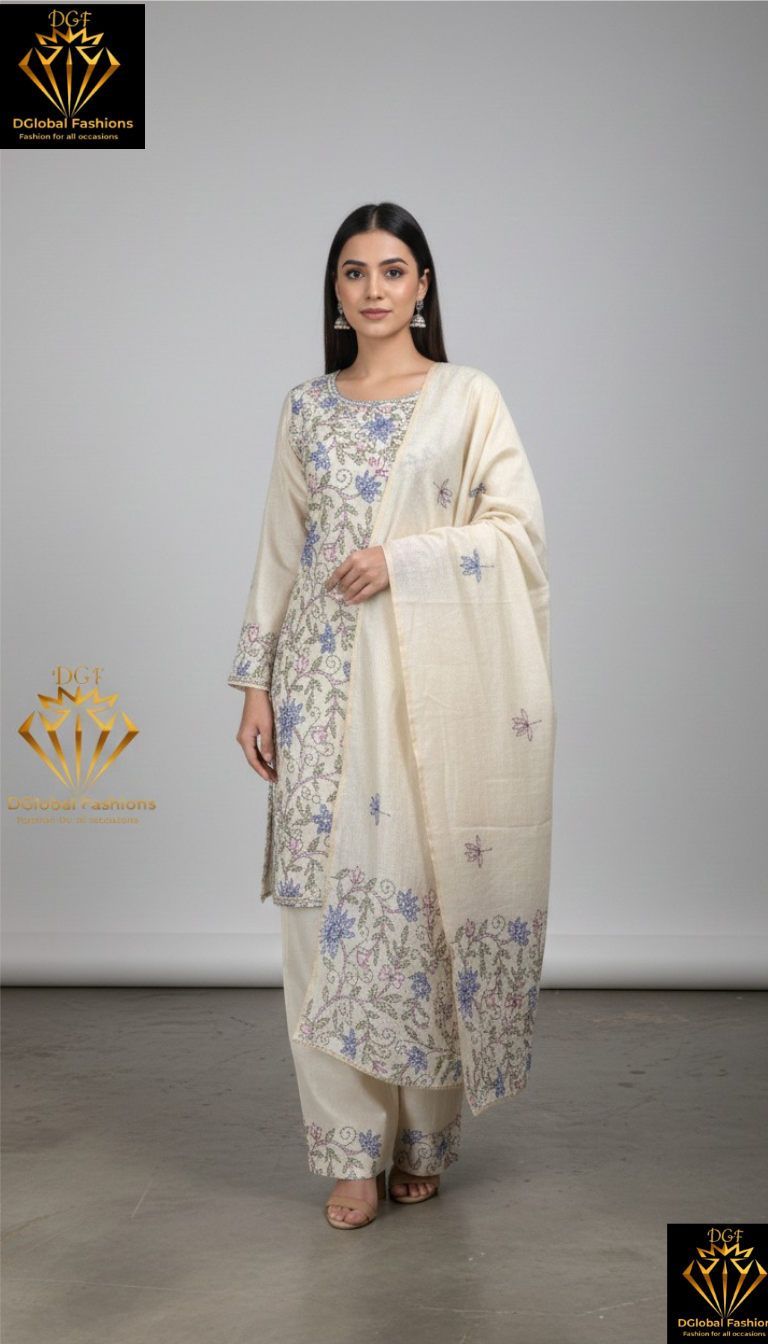 Elegant Kantha Embroidered Suit Set with Dupatta – Traditional Ethnic Wear