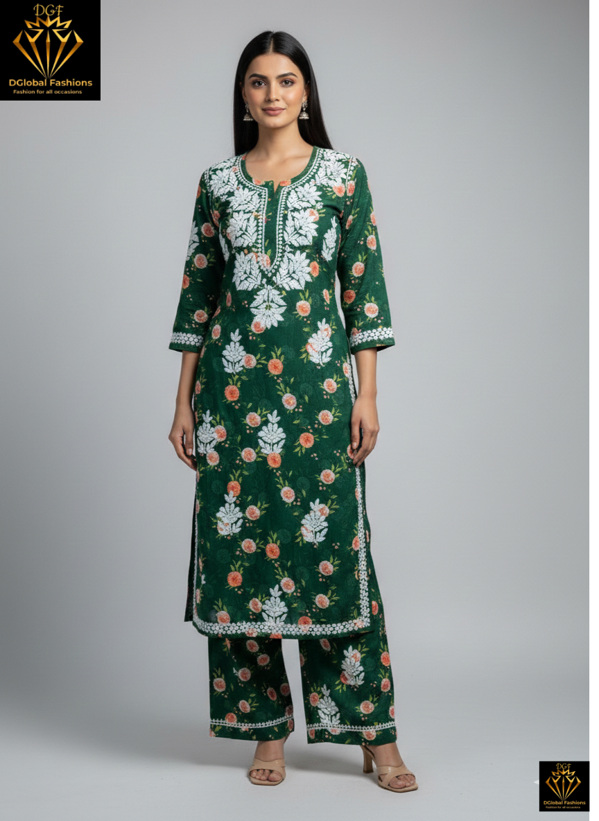 Lucknowi Chikankari Mul Print Suit Set with Intricate Handwork